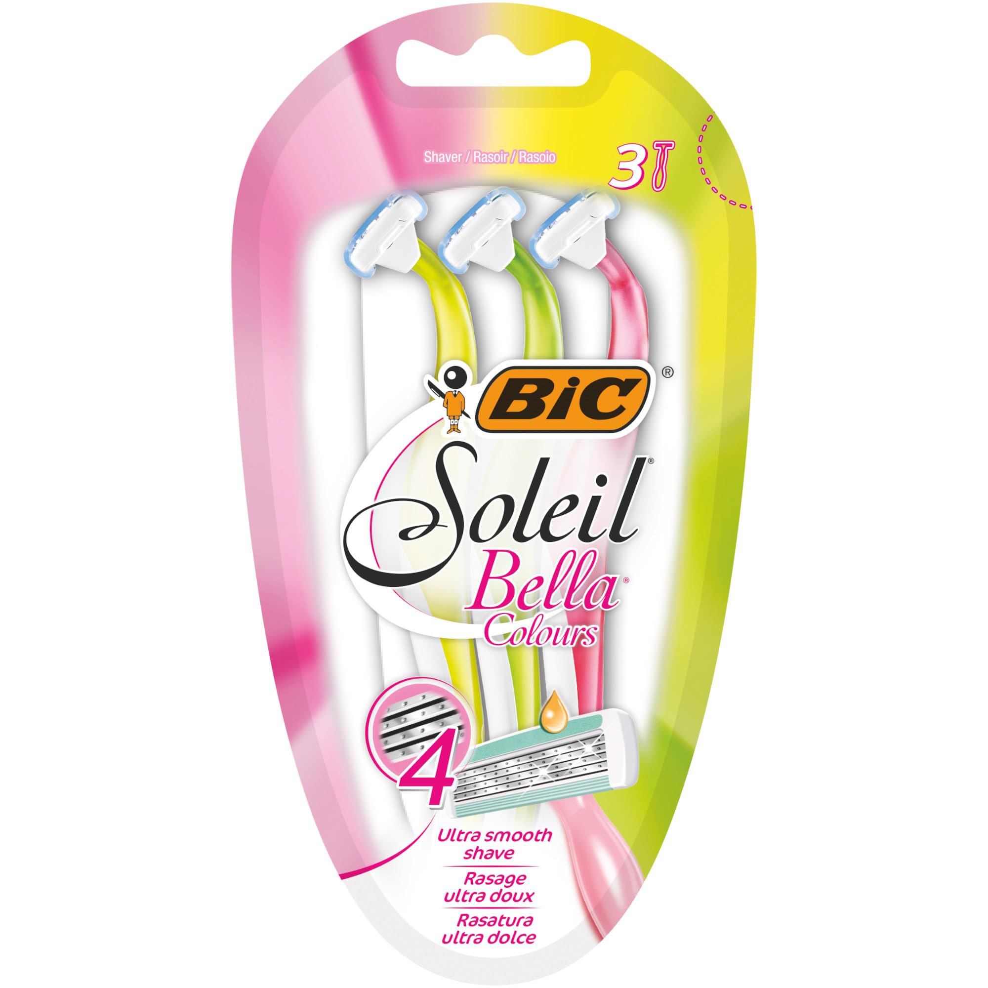 BIC Soleil Bella Colours 4-Blade Lady Razors - Pack of 3 - Spring Mounted Blades with Pivoting Head for Ultra Smooth Shave