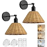 Evkcevla 2 Pack Battery Operated Bamboo Rattan Wall Sconce, Black Vintage Rattan Dimmable Sconce, Unique Bohemian Style Desig