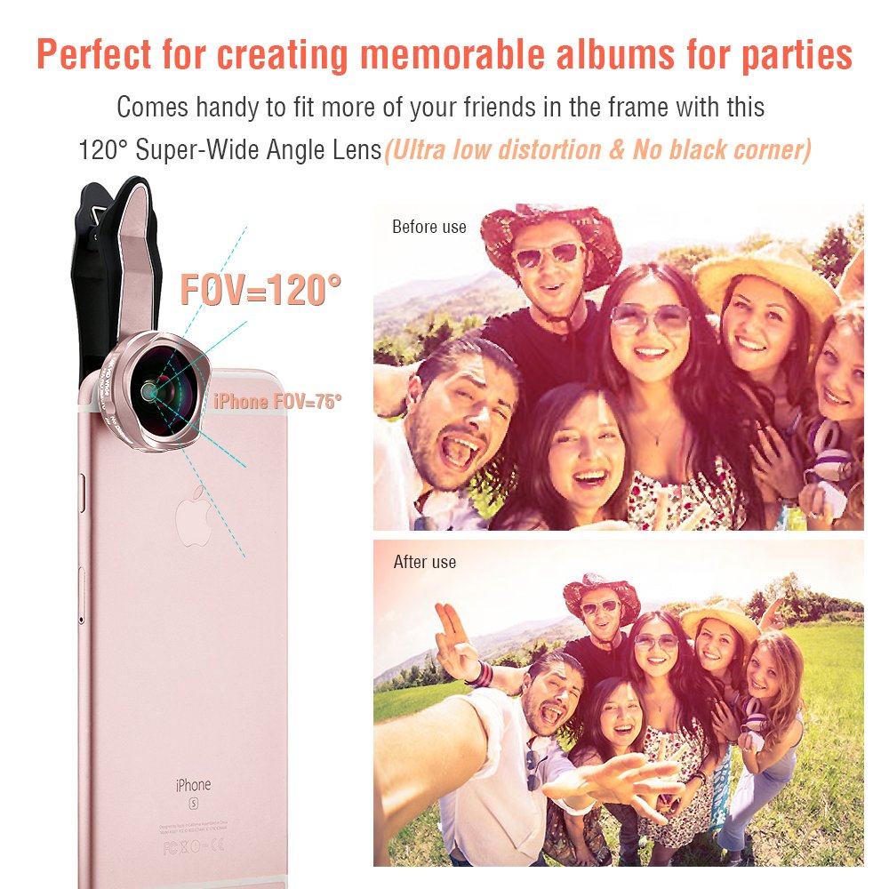 iPhone Lenses Kit - Universal 2 in 1 120°Wide Angle Lens & 15X Macro Lens, Cell Phone Camera Lens for iPhone 7/7 Plus/6s/6s Plus/6/5, Samsung Galaxy & More, Buy 1 Get 1 Free (Rose Gold)
