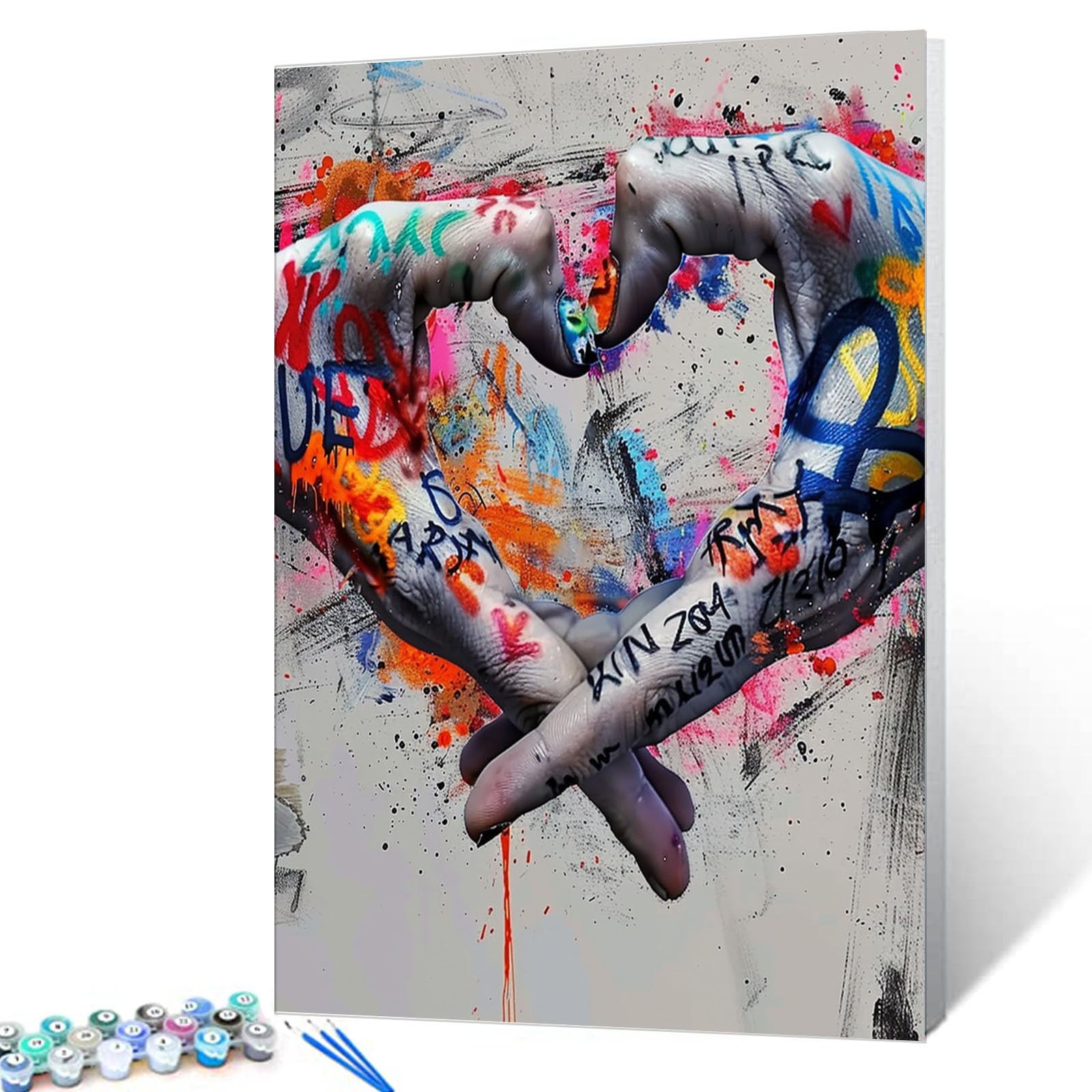 Tucocoo DIY Painting by Numbers Kits for Adults Artwork Colorful Graffiti Hands and Black and White Graffiti Hands Make up a Love Heart Wall Art Decoration 16''x20''