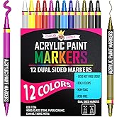 Acrylic Paint Markers Dual Tip (12 Pack) - Acrylic Markers Paint Pens for Rocks - Bold Acrylic Paint Pens Fine Tip and Dot Tip - Fabric Makers Permanent for Clothes Water Based Markers - Chalky Crown
