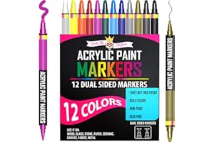 Acrylic Paint Markers Dual Tip (12 Pack) - Acrylic Markers Paint Pens for Rocks - Bold Acrylic Paint Pens Fine Tip and Dot Tip - Fabric Makers Permanent for Clothes Water Based Markers - Chalky Crown