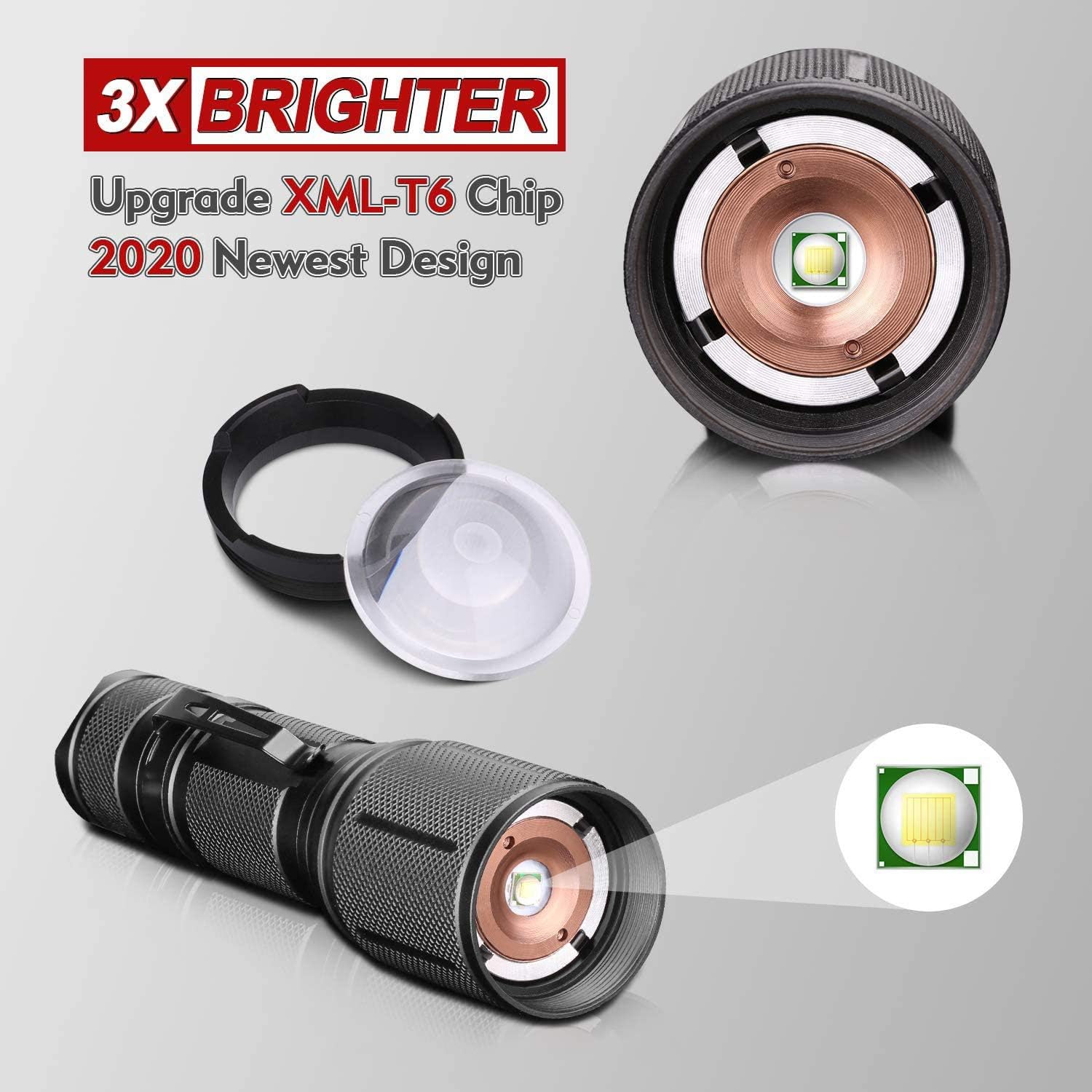 LETMY LED Tactical Flashlight, Ultra Bright 2000 Lumen XML T6 LED Flashlights With 5 Modes, Zoomable and Water Resistant for Camping Biking Hiking Home Emergency, 2 Pack - - 