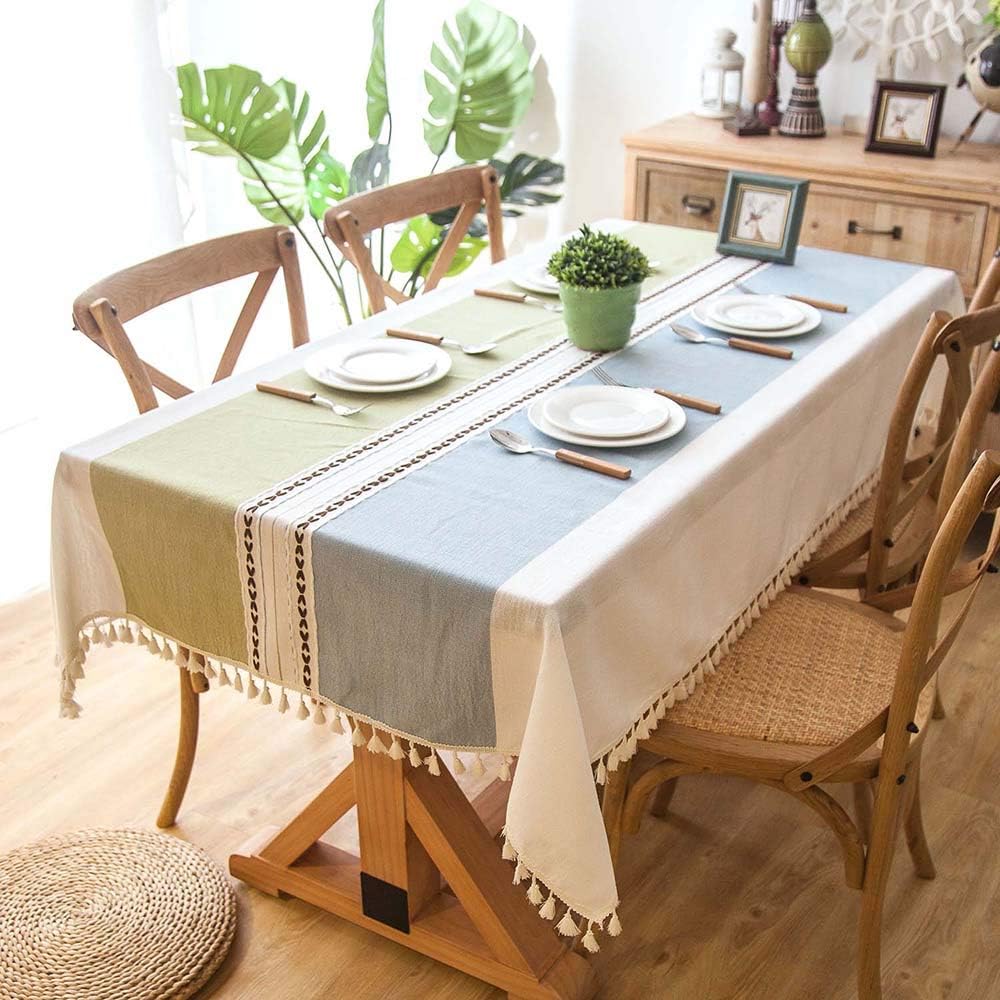 Melaluxe Stitching Tassel Tablecloth Heavy Weight Cotton Linen Fabric Dust-Proof Table Cover (Square, 55 x 55 Inch, Green/Blue)
