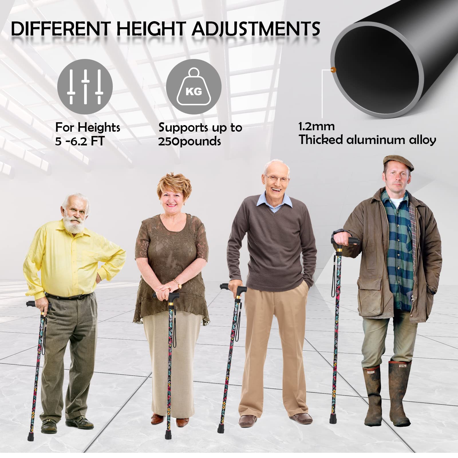 JUNRA Walking Cane with LED Light, Folding Cane for Women and Men, Portable Foldable Cane, Collapsible Aluminium Walking Stick, Lightweight and Adjustable Walking Sticks for Seniors Balance