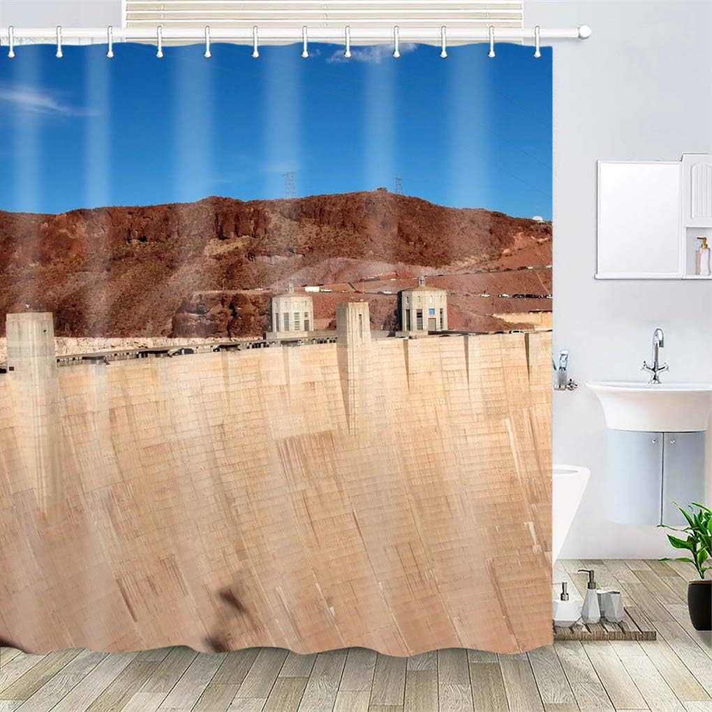 OiArt Shower Curtain, Polyester Fabric Waterproof Hooks Included-72x72 inches- Hoover Dam Nevada Arizona Bridge Landmark Famous