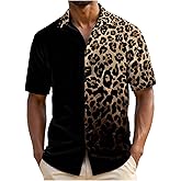 VIPWOLF Men's Leopard Print Tops Button Down Short Sleeve Summer Cheetah Shirts Casual Trendy Top
