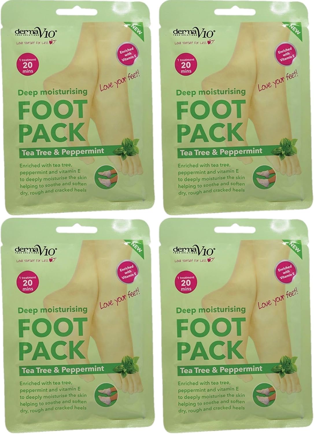 Derma V10 Foot Pack Mask (4 Pack) Deep Moisturising Tea Tree and Peppermint Oil