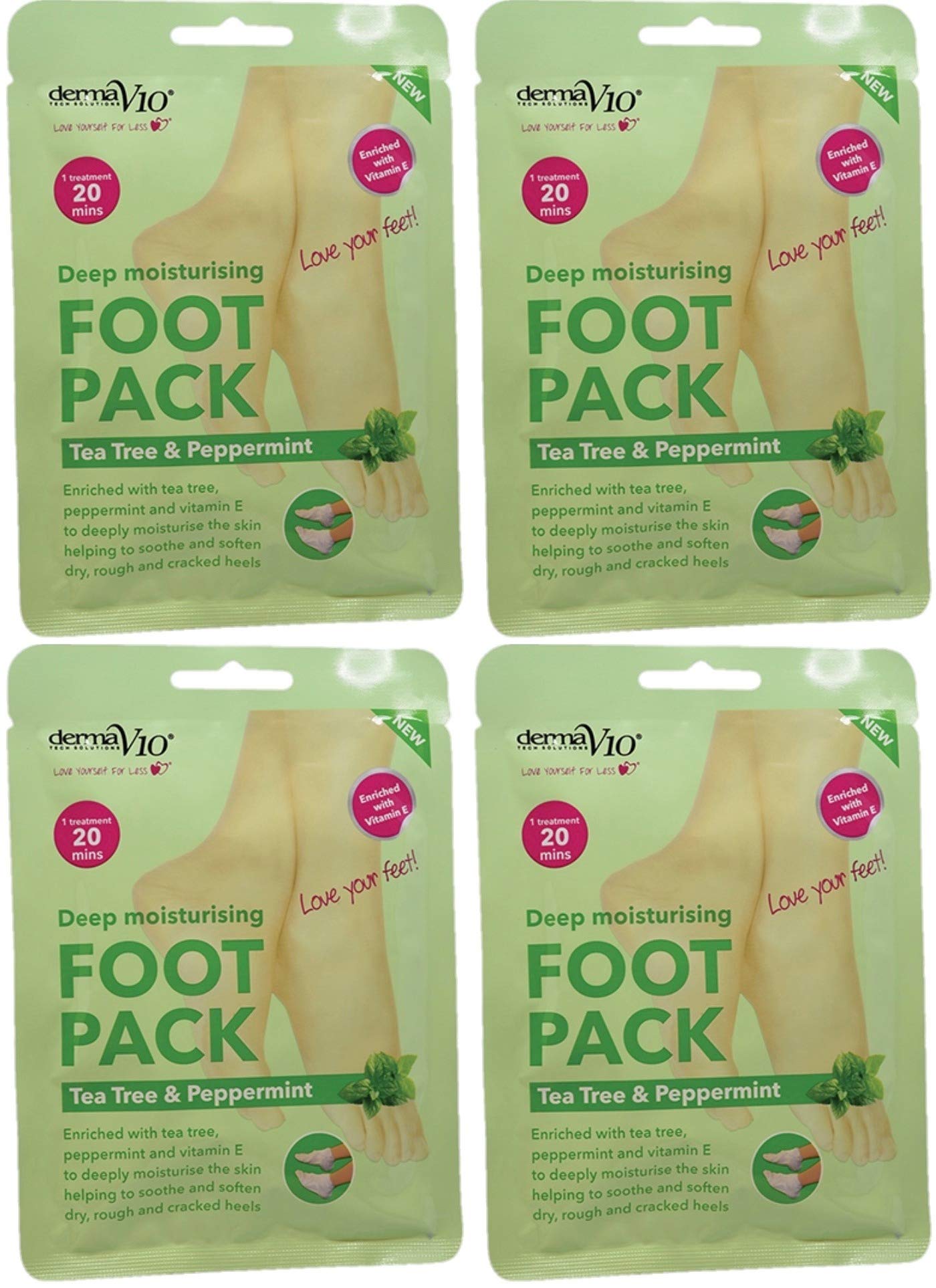 Derma V10 Foot Pack Mask (4 Pack) Deep Moisturising Tea Tree and Peppermint Oil, Honey and Almond Oil Moroccan Argan Oil & Hemp Seed Oil (Tea Tree and Peppermint Oil)