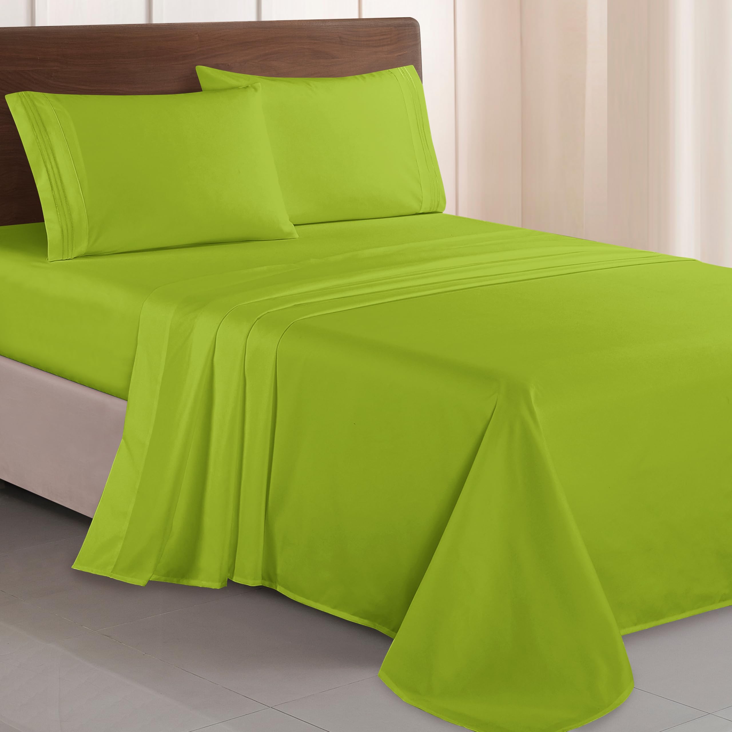Elegant Comfort Luxurious 1500 Thread Count Egyptian Quality Three Line Embroidered Softest Premium Hotel Quality 4-Piece Bed Sheet Set, Wrinkle and Fade Resistant, Full, Lime