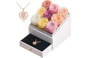 Eterfield Preserved Roses with I Love You Heart Necklace 9-Piece Forever Flowers Delivery Prime Real Rose That Last More Than a Year Gift for Mom Wife Girlfriend Valentines Day Mother Day (Multicolor)