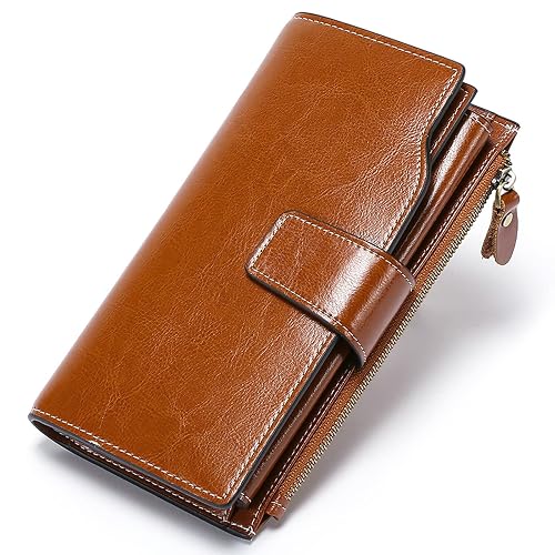 SENDEFN Genuine Leather Women’s Wallet – RFID Blocking, Double Zip Around, 16 Card Slots, Wristlet Strap, Large Capacity, Wax Brown, Compact Design - View #10