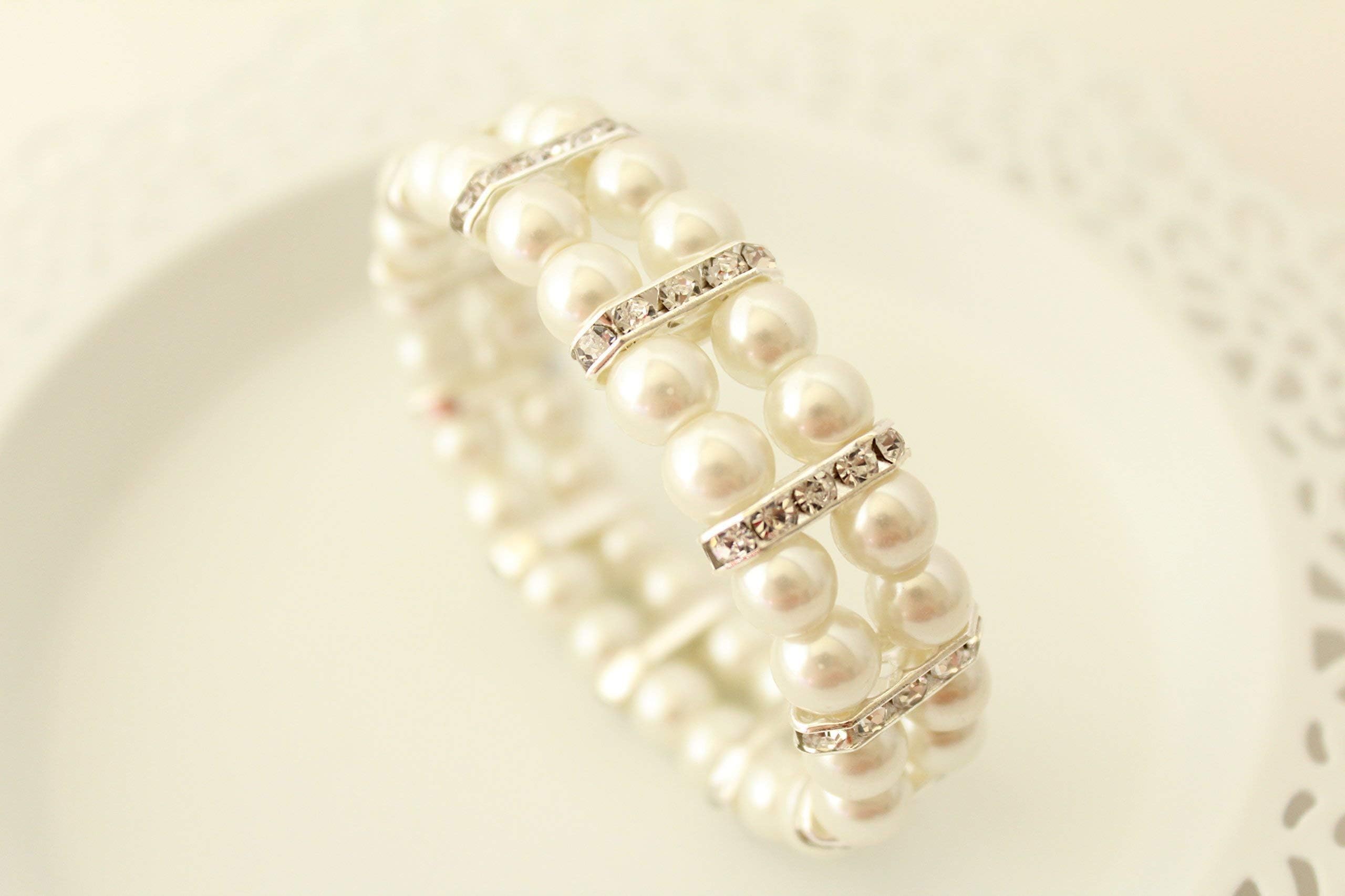 Ivory Glass Pearl Silver Rhinestone Cuff Stretch Bracelet Holiday Gift for Women