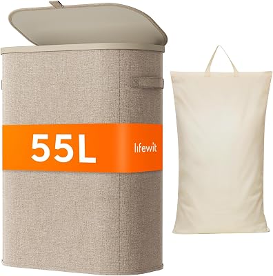 Panier Linge Sale, Bac Linge avec Couvercle, Corbeille Linge avec Plastique Poignées et Sac Linge, Laundry Basket pour Buanderie, Chambre, Salle de Bain, 55 L, Beige