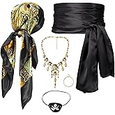 Women Pirate Costume Accessories Set|Headscarf Wrap Hat Sash Belt Cosplay Outfit With Stainless Steel Earring Necklace