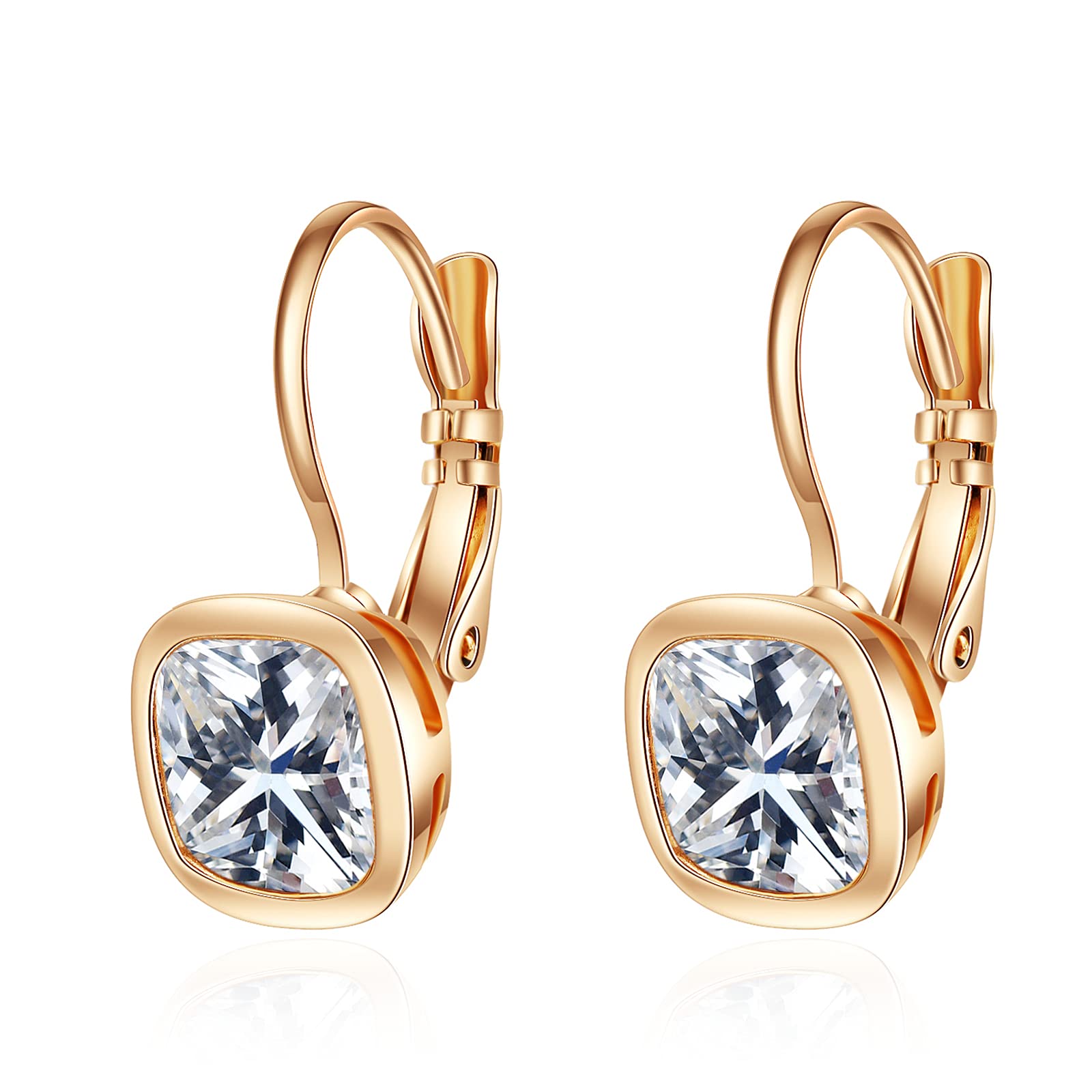 VONSSY Crystal Drop Dangle Rosegold Plated Earrings Leverback Hoop Hanging Square Zircon Jewelry Gift for Women Mother Wife