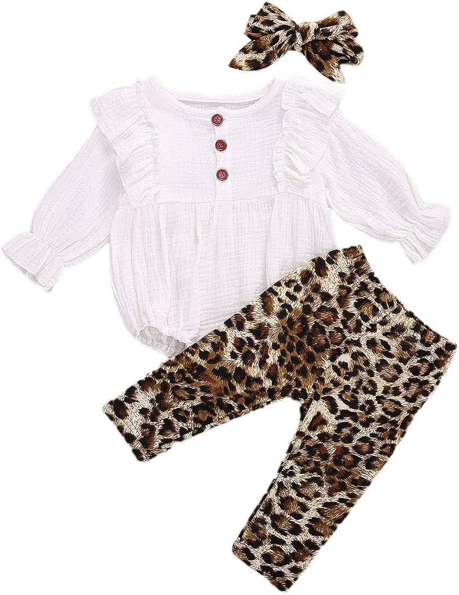 Infant Baby Girl Leopard Print 3Pcs Outfits Ruffle White Romper Top
