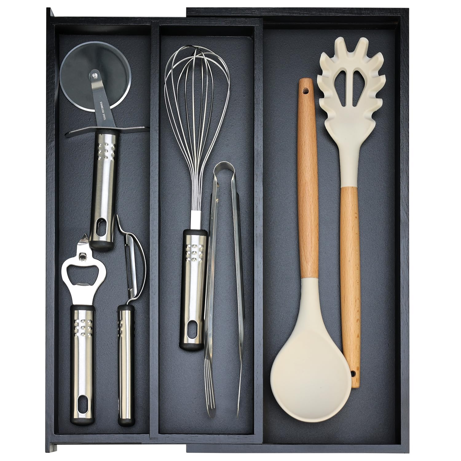 Photo 1 of Bamboo Kitchen Tool Drawer Organizer Storage Black Cutlery Tray Expandable Silverware Drawer Divider Organizers Large Cooking Utensil Holder for Drawers Spoon Flatware Organizer Silverware Trays