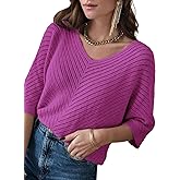 Dokotoo Women's 2026 Summer Spring Casual 3/4 Sleeve Solid Color V Neck Loose Pullover Knit Fall Sweaters Tops