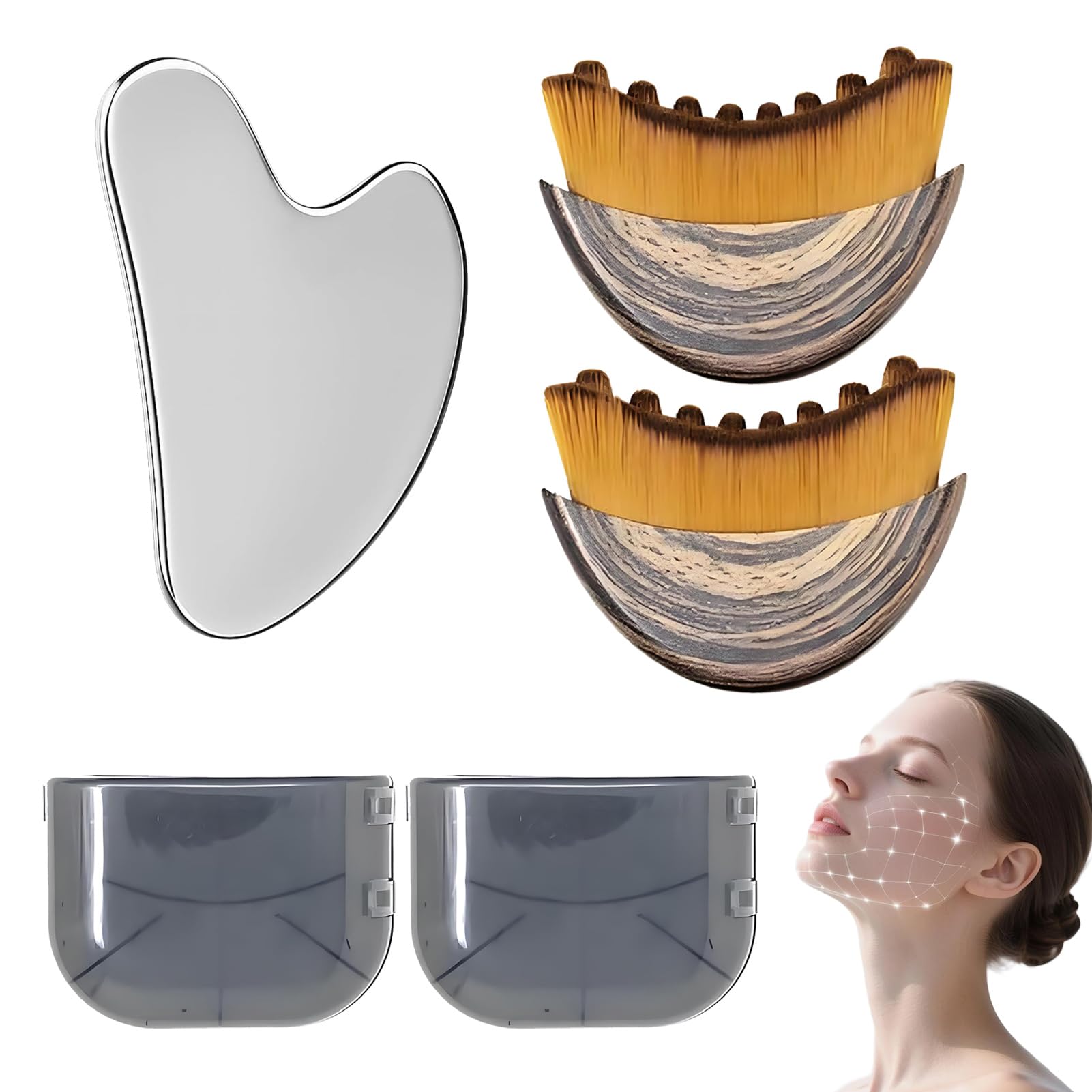 Photo 1 of 2 Pcs Lymphatic Contour Face Brush,Face For Lymphatic Drainage,Drainage Brush With 1pc Stainless Steel Gua Sha Tool For Jawline Sculpting Puffiness Lifting Relaxation With Storage Case