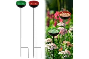TANGZHIFEIYUE 2 Pack Bee Cups for Garden Bee Watering Stations with 20Pcs Glass Marbles Metal Bee Butterfly Water Station Bee Bath for Outdoor Courtyard Sculpture Stakes Decor (Red&Green)