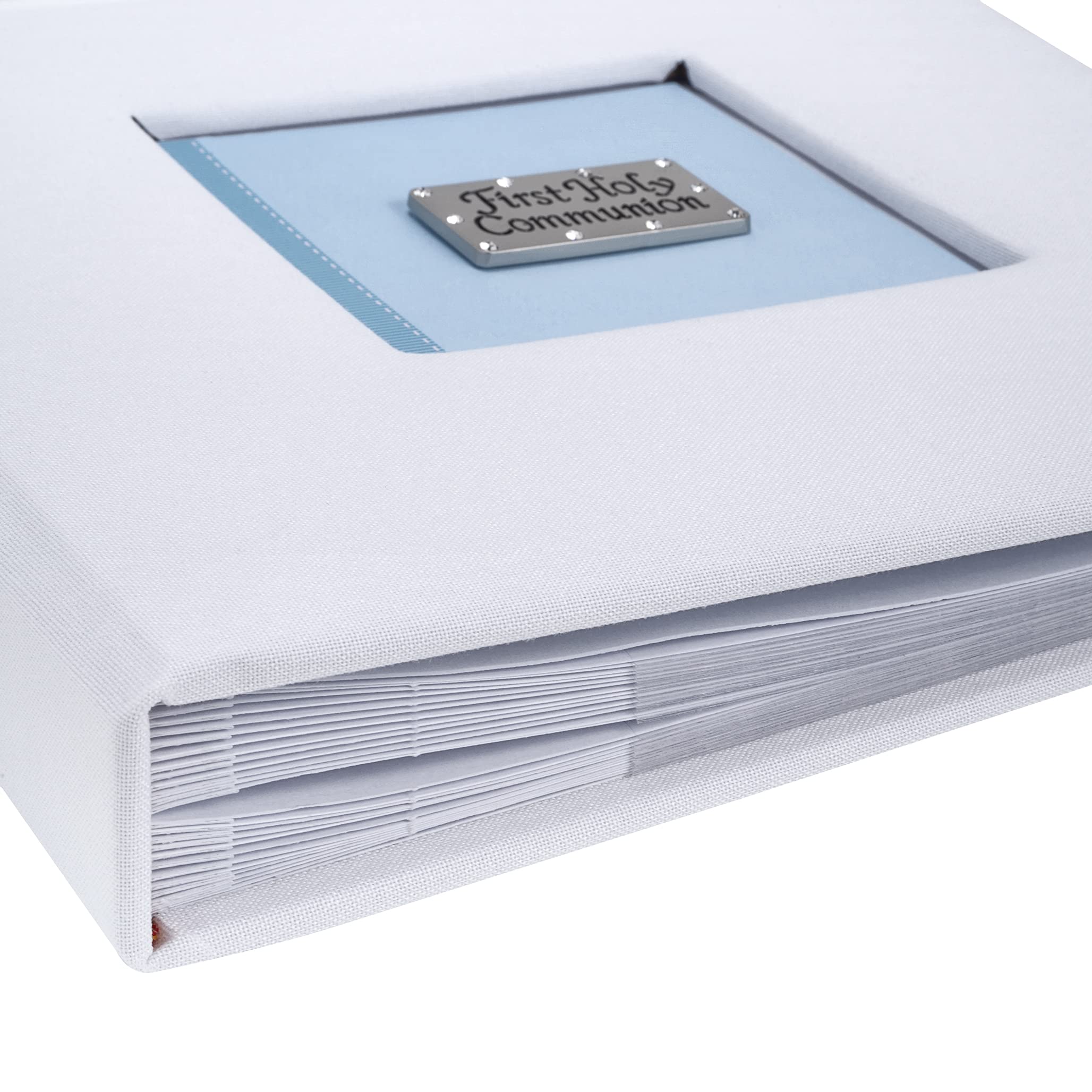 First Holy Communion photo album, soft blue design on white linen fabric (boxed gift - Holds 6x4 photos x 100) with lined message area