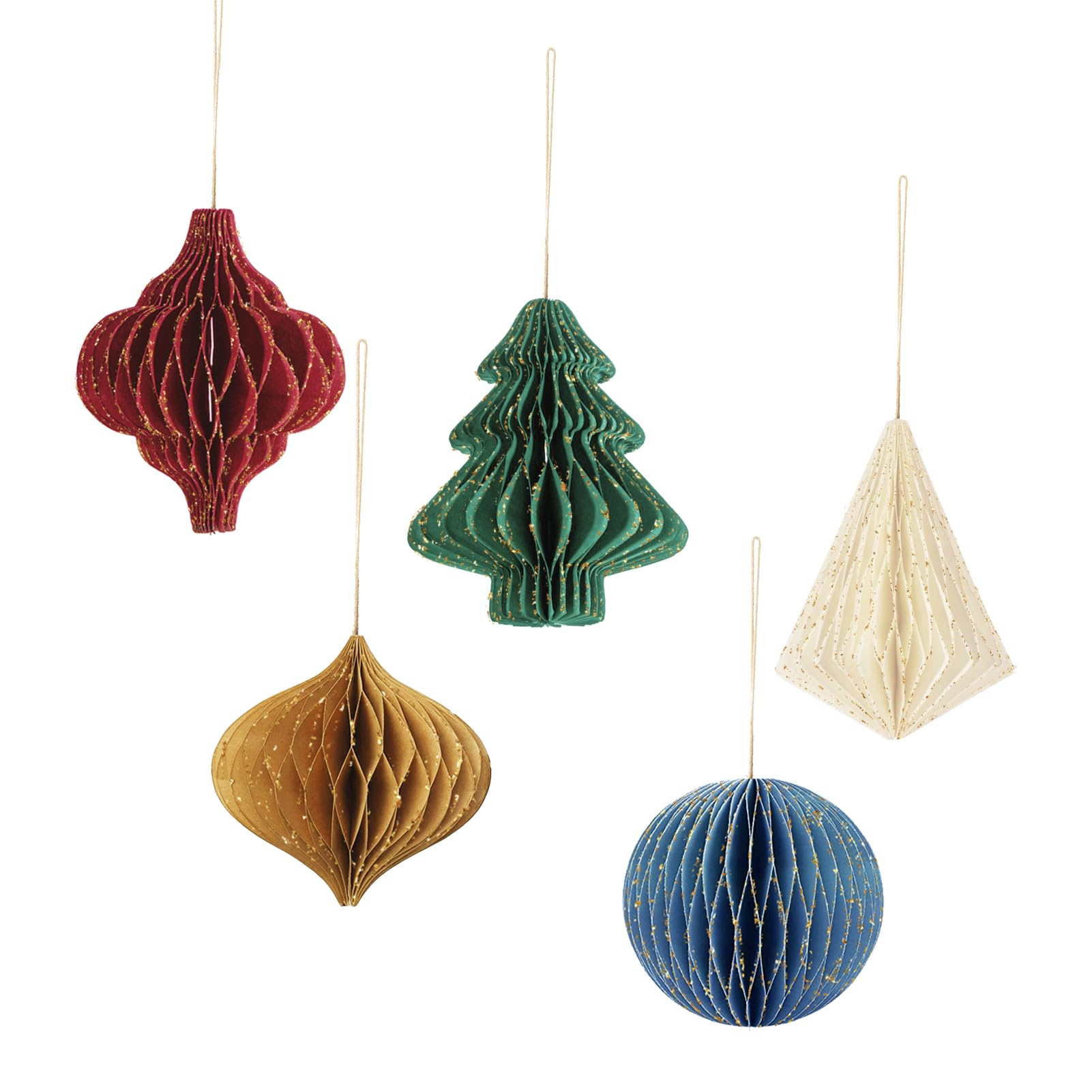 NICROHOME EUR Christmas Party Decorations - 5 PCS Mini Glitter Edge Paper Honeycomb Ornament, White Yellow Blue Red, and Green Hanging Paper Ornament for Vintage Christmas Tree Decorations