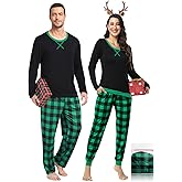 YOPUGEE Men & Women Pajama for Couples Christmas Pajama Set Long Sleeve Sleepwear with Pockets Black & Green Plaid L