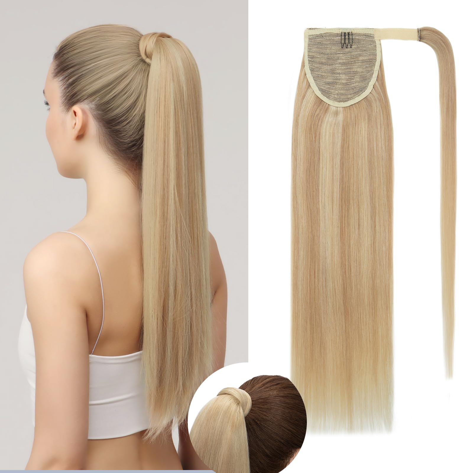 Rich Choices Ponytail Extension Wrap Around Ponytail Hair Extension Straight 14 Inch #18/613 Ash Blonde mix Bleach Blonde Remy Human Hair Pieces
