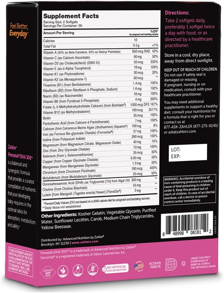 Amazon Com Zahler Prenatal Dha Premium Prenatal Vitamins For Mother And Child New And Improved Prenatal With Dha Certified Kosher 60 Count Health Personal Care