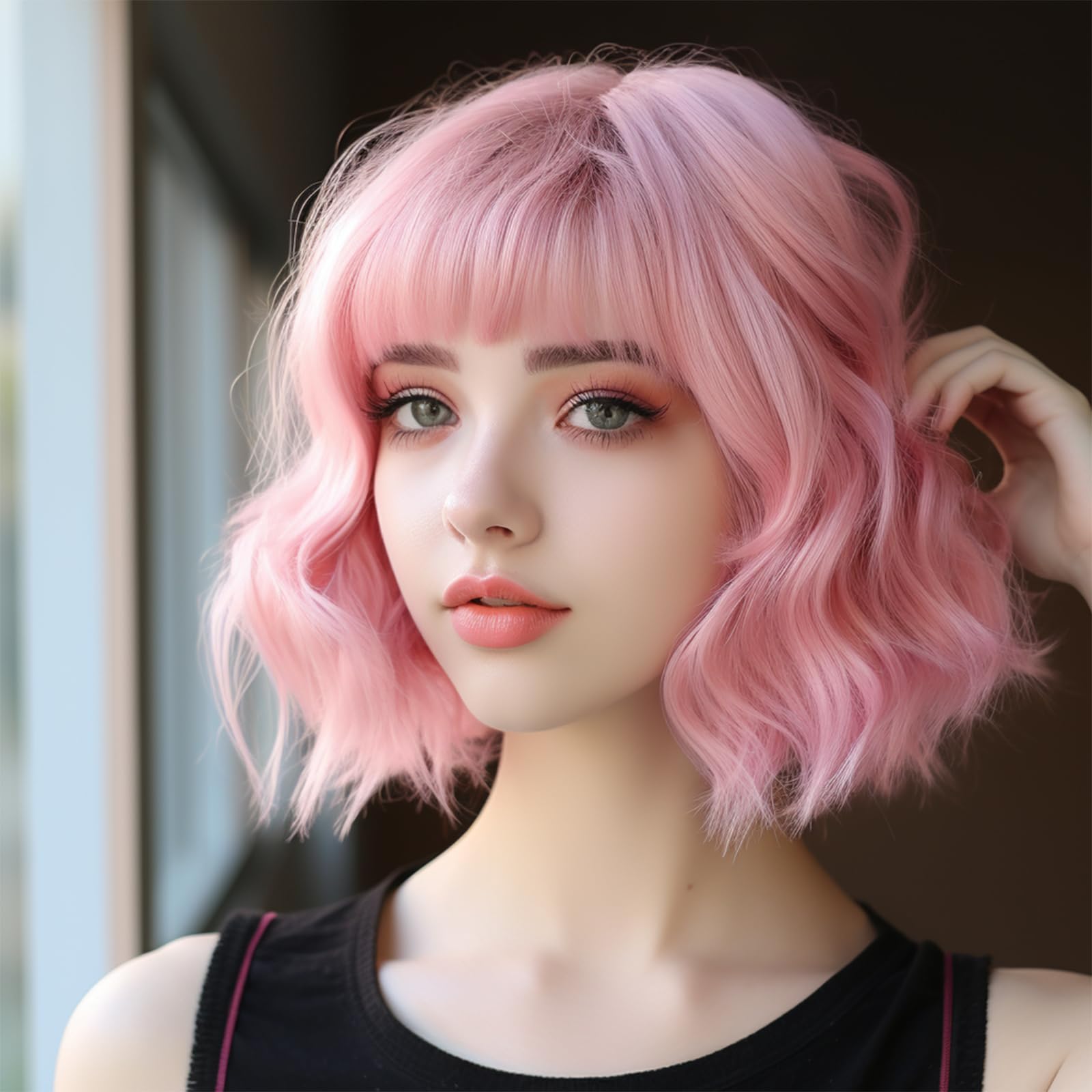BERRYLION Pink Wigs for Women|Short Bob Pink Wig with Bangs|Synthetic Wavy Bob Wig With Air Bangs — image 1