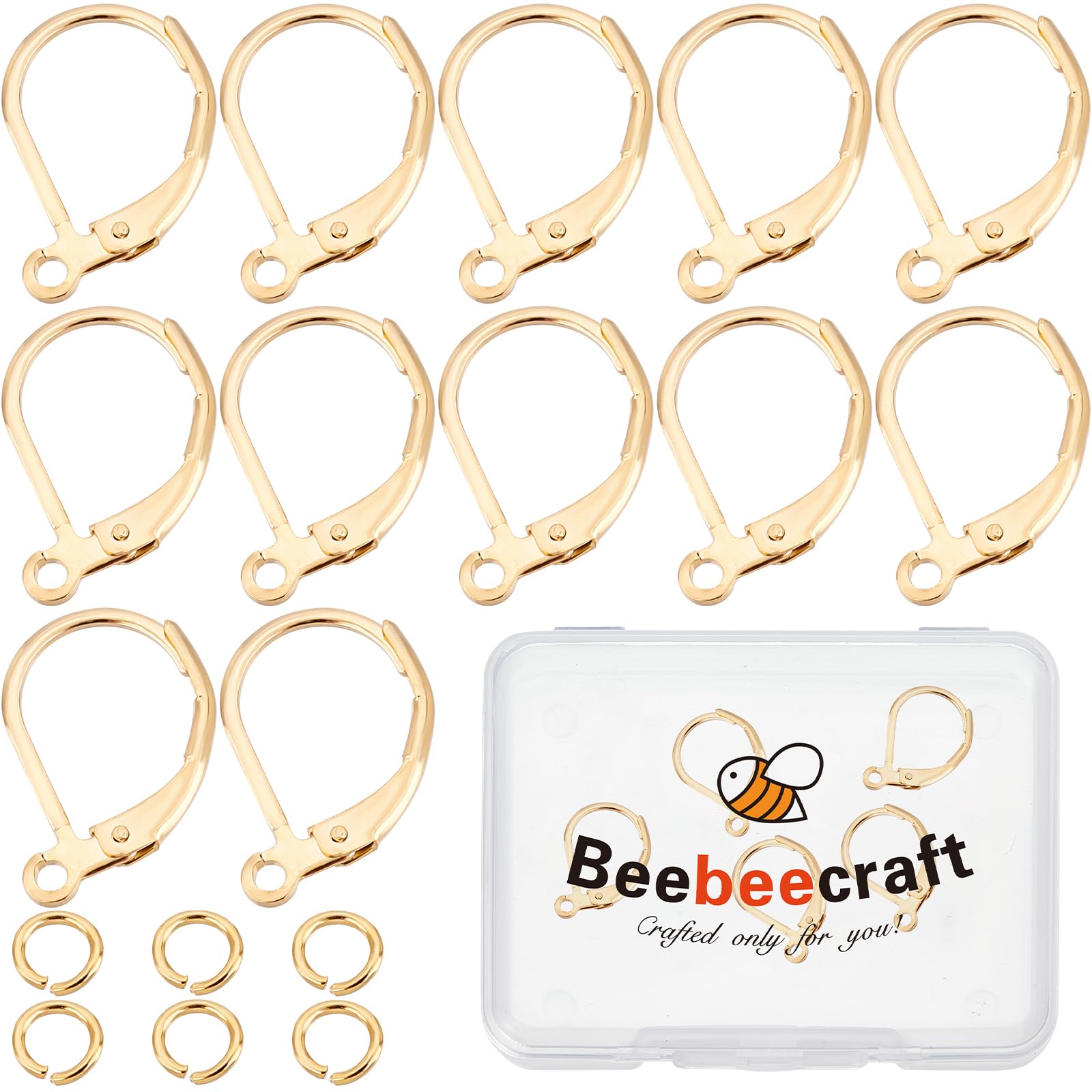 Beebeecraft 1 Box 20Pcs Lever Back Earring Hooks 24K Gold Plated French Earring Findings 15.6x10mm Interchangeable Dangle Ear Wire Findings with 20Pcs Jump Rings for Jewelry Making — image 1