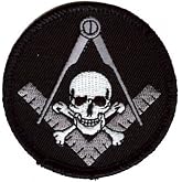 Widow's Son Skull &amp; Crossbones Square &amp; Compass Round Embroidered Masonic Patch - [Black, Grey &amp; White][3'' Diameter]