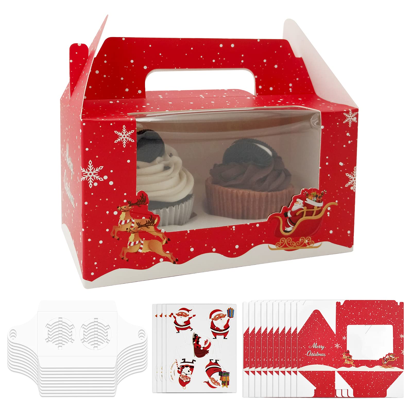 Cupcake Boxes, Christmas 2 Standard Size Cupcake Carrier with Window Christmas Paper Tag and Handle, 10 Packs Portable Cupcake Containers for Bakery Candy Christmas Party Favors Supplies (Red)