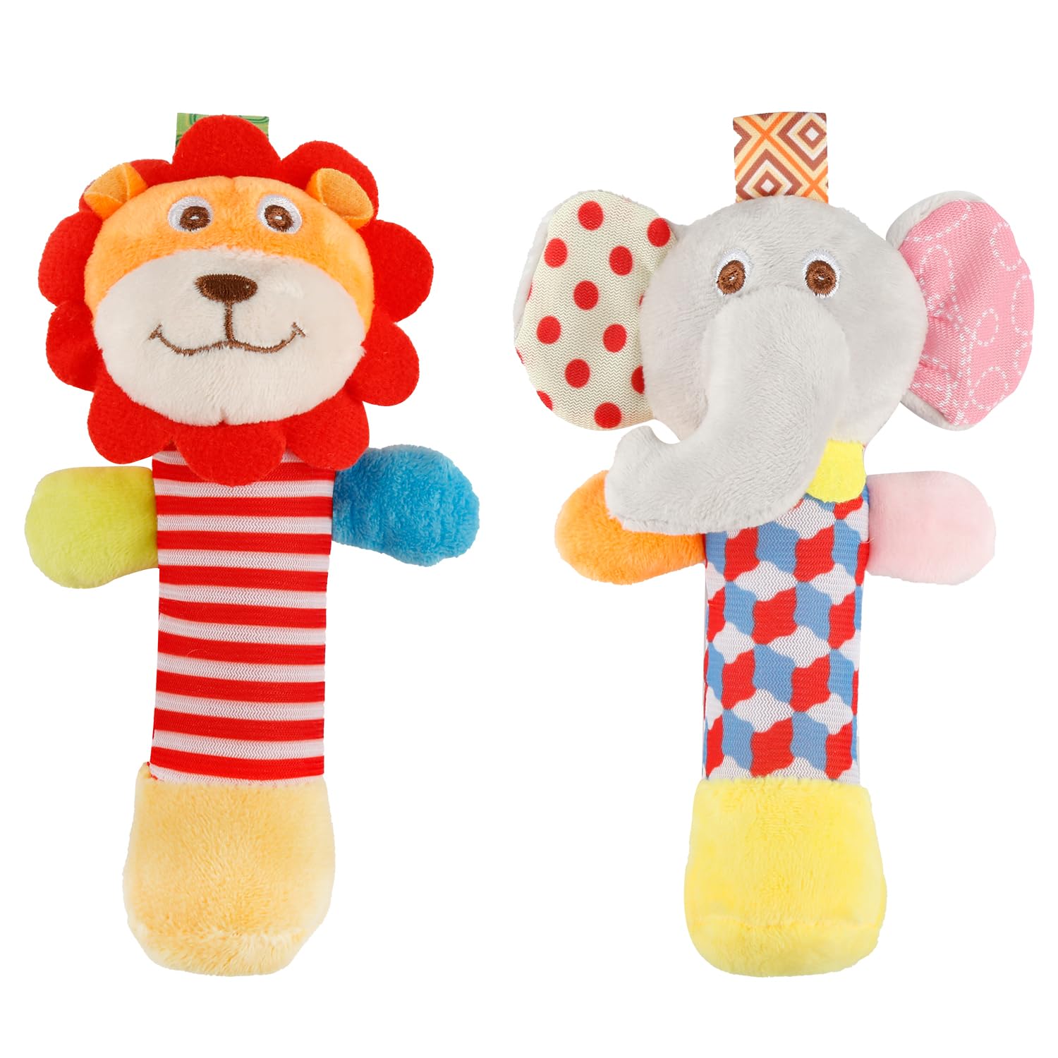 Rumyve 2pcs Plush Baby Soft Rattle Toys,Baby Rattle Toys 0-6 Months,Animal Hand Rattles Musical Educational Toys for Colourful Rattles for Babies