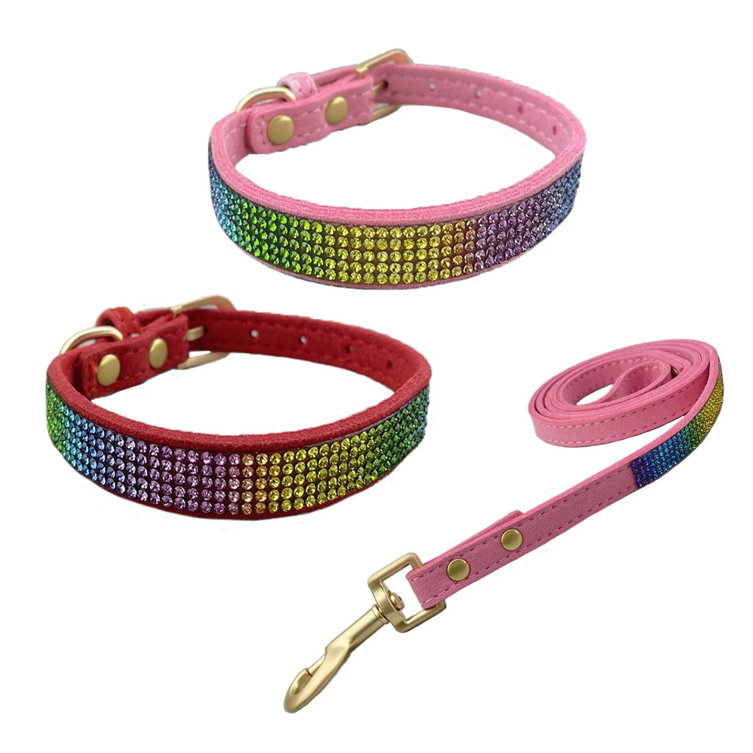 Newtensina 3 Pieces Colorful Diamante Dog Collar and Leash Rainbow Colored Puppy Collar with Leashes for Small Dogs - PinkRed - XS