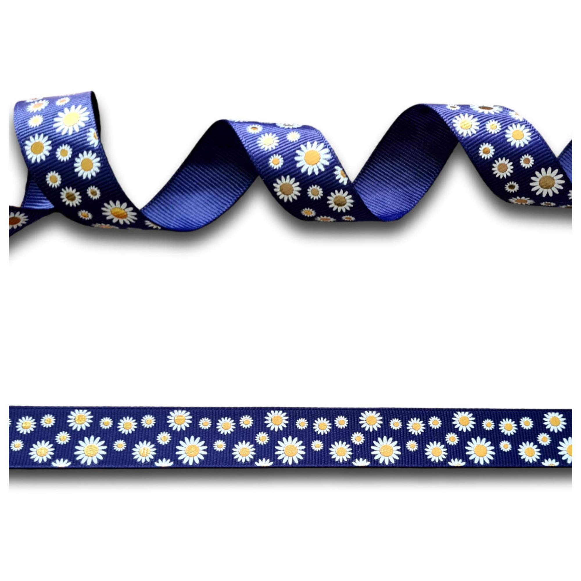 5 Yards (4.5 metres) Blue Gold Daisy Flower Foil Grosgrain Ribbon 22mm Wide, Ideal for Craft Projects, Cakes, Scrapbooking etc.