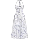 OBEEII Women Floral Corset Dress Halter Neck Low Cut Bustier Midi Dress Flowy Pleated Hem Summer Sundress with Pockets
