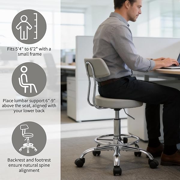 FIRAVOE DRAFTING STOOL (HEIGHT ADJUSTABLE OFFICE CHAIR WITH FOOTREST 19.5″-26.6″)(DRUM STOOL WITH BACK) SPACE SAVING TATTOO CHAIR (GRAY)