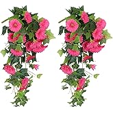 RECUTMS 2 Pcs Artificial Silk Fake Hanging Flowers for Outdoors, 18In UV Resistant Faux Petunias Trailing Plants Realistic Flower Look Real for Door Wall Yard Porch Garden Planter (Rose Red)
