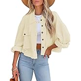 BZB Womens Waffle Knit Shacket Jackets Lightweight Cropped Shacket Long Sleeve Button Down Shirts