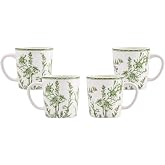 Bico Green Garden Toile De Jouy Ceramic Coffee Mugs Set of 4, 18 oz Large Tea Cups with Handle, Aesthetic Latte Mugs for Cappuccino Cocoa, Lead-Free, Dishwasher and Microwave Safe, Housewarming Gift