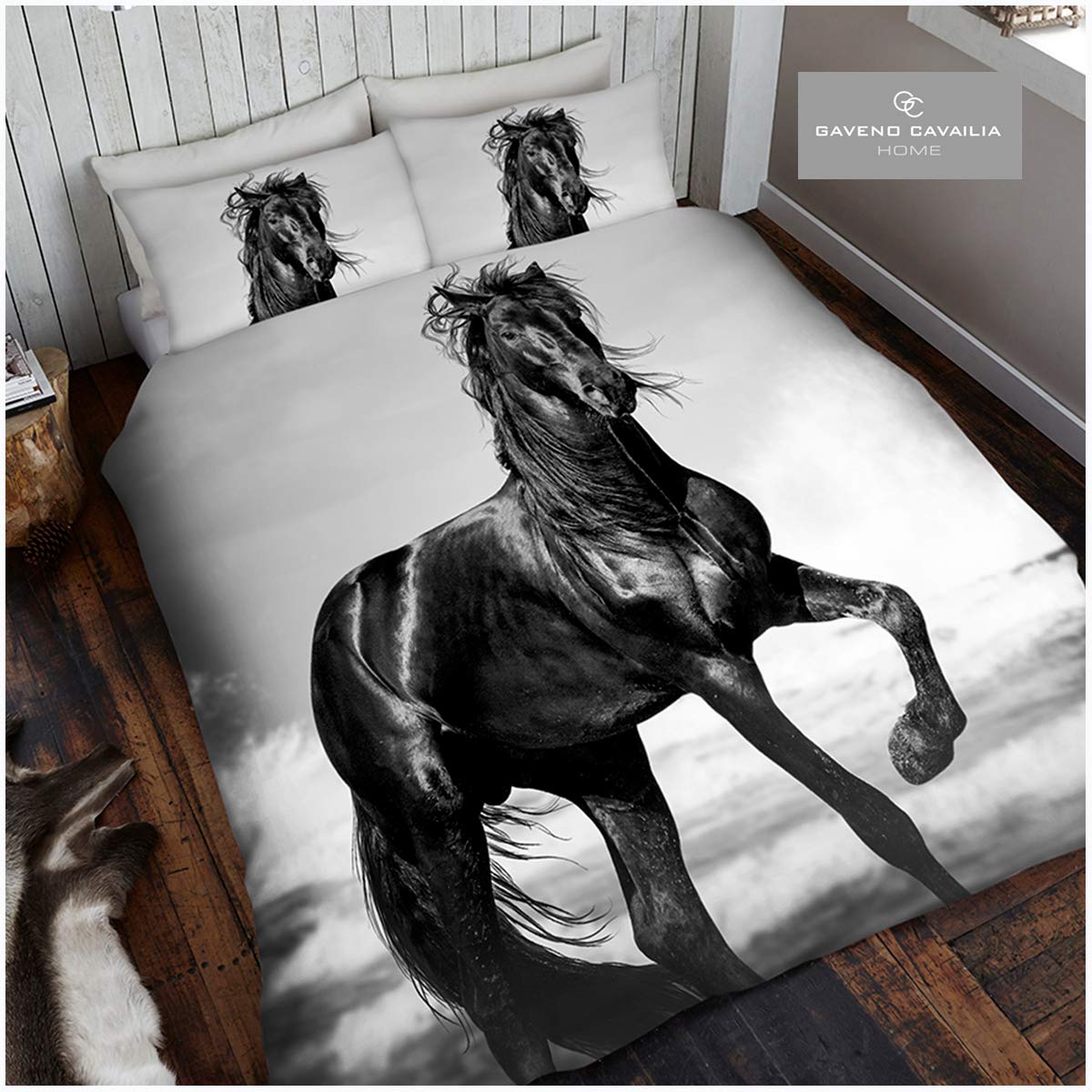 Gaveno Cavailia Animal Print 3D Black Horse Double Duvet Set, Premium Wildlife Bedding, 3 Piece Cotton Blend Reversible Bedlinen, Easy Care DuvetCover Bedset, 1 Quilt Cover + 2 Pillow Cases