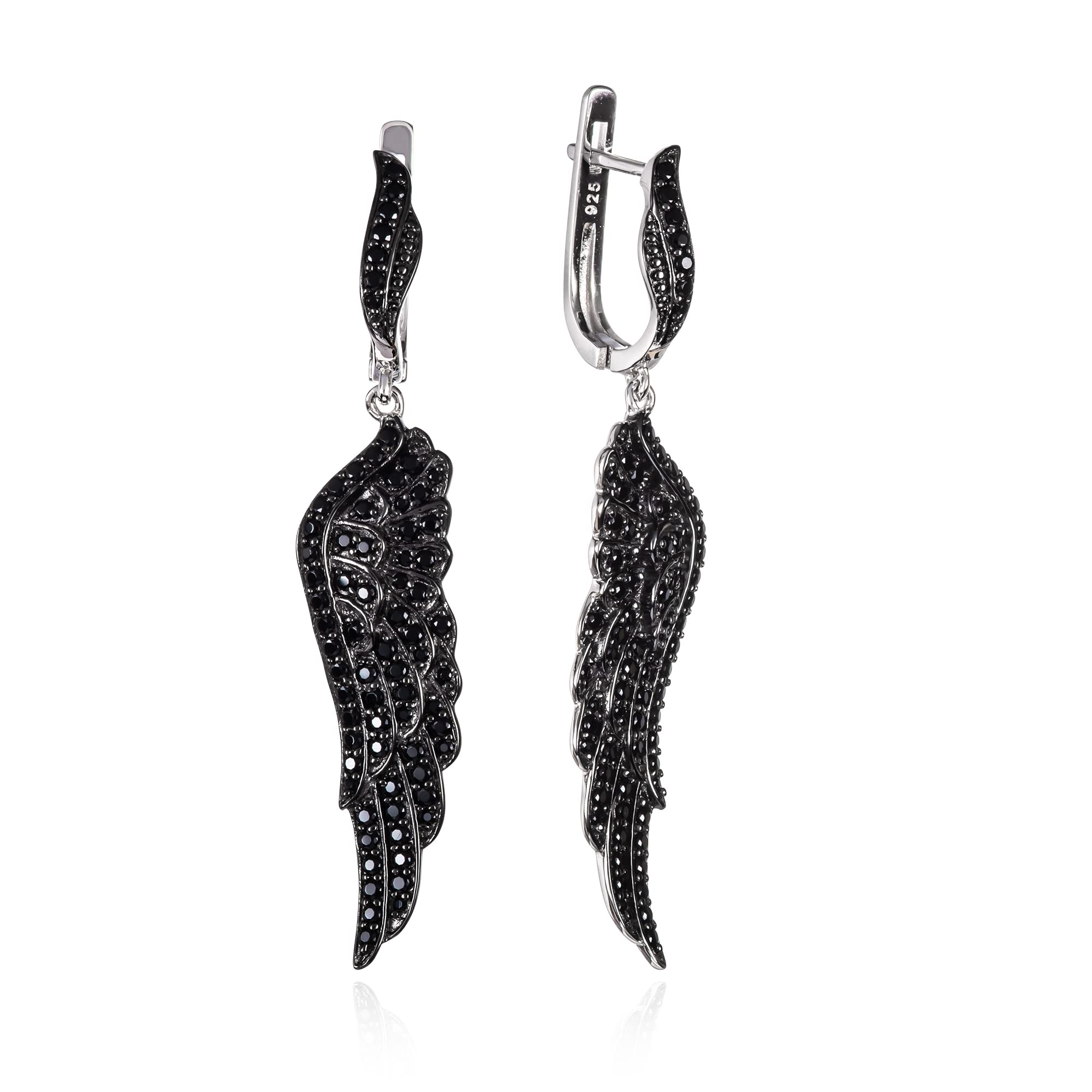 Namana Black Angel Wings Earrings for Women. 925 Sterling Silver Long Earrings for Women with Black Spinel Gemstones. Elegant Black Dangle Earrings for Women in Sterling Silver with Gift Box