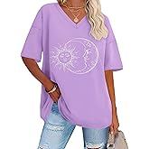 ADOREJOY Oversized Tshirts for Women V Neck Summer Graphic Tees Casual Short Sleeve Loose Tops