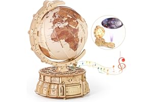 MIEBELY 3D Wooden Puzzles for Adults USB Charging Illuminated Globe Music Box DIY LED Wood Model Building Kits with Space Projector Stem toys Christmas Gifts for kids Desk Decor for Boys/Girls Ages 8+
