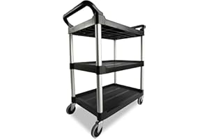 Rubbermaid Commercial Products Heavy Duty 3-Shelf Rolling Service/Utility/Push Cart, 200 lbs. Capacity, Black, for Foodservice/Restaurant/Cleaning/Warehouse/Garage
