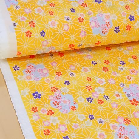 Amazon リップル 生地 さくらと麻の葉 イエロー 和柄 女の子 浴衣 ゆかた 布 甚平 布地 手芸 子供 1ｍ単位 布 生地 通販