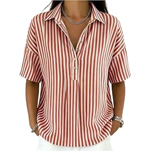 Cotton Linen Shirts for Women Summer Henley V Neck Half Sleeve Blouse | Gauze crinkle linen tops and blouses, button down bre