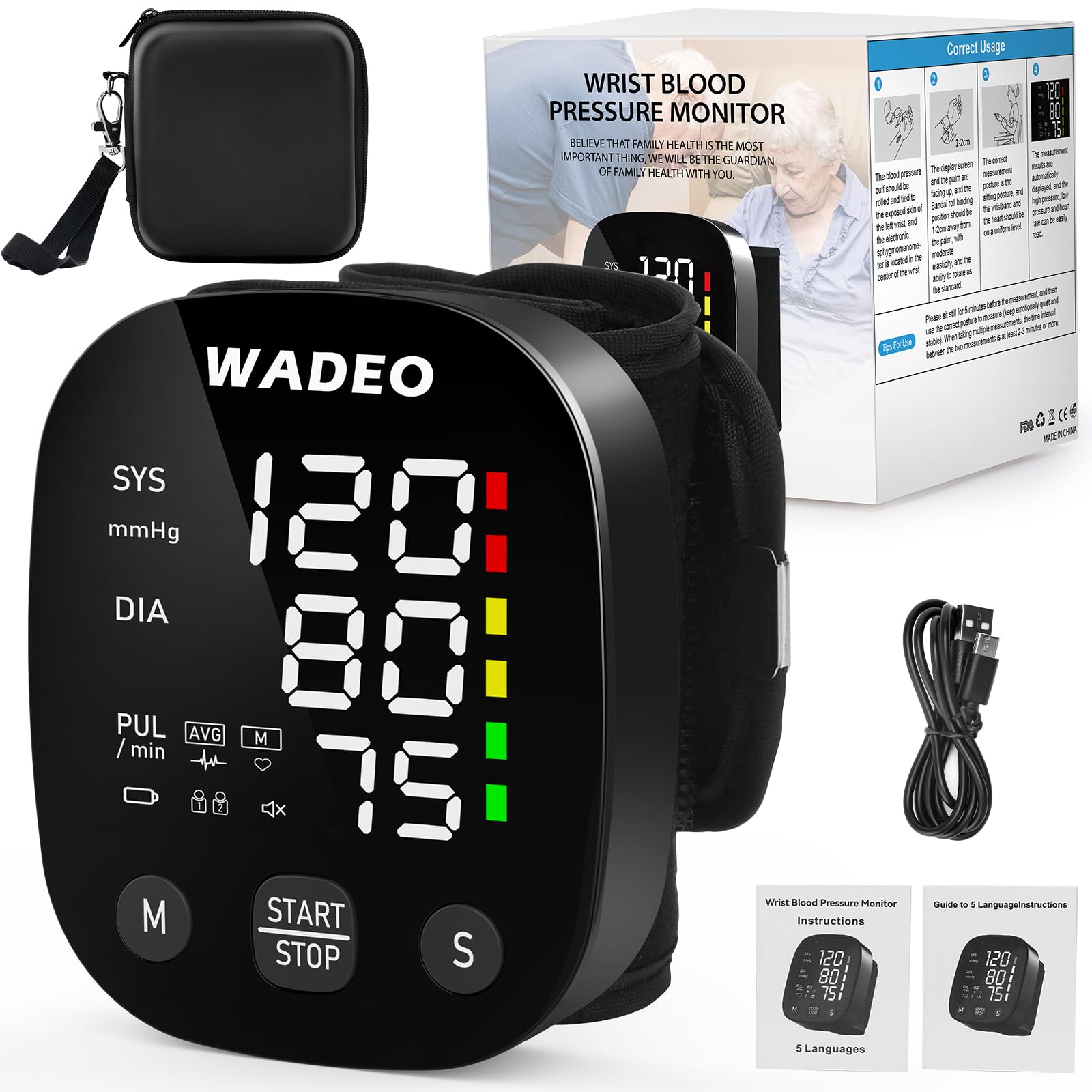 WADEO Wrist Blood Pressure Monitor, [Voice Broadcast] [Extra Large Cuff] [198 Memory], Large LED Screen, Easy to Use, Ideal for The Elderly, Parents (Black)